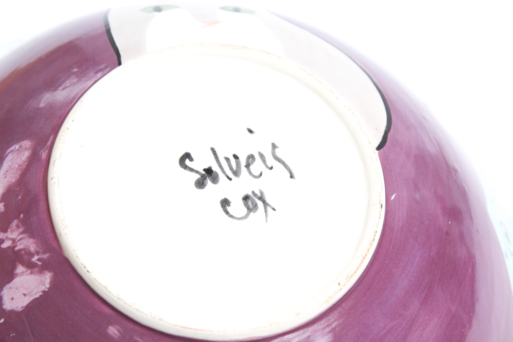 Solveig Cox Hand Thrown and Hand-Painted Bowl with Cat Decor