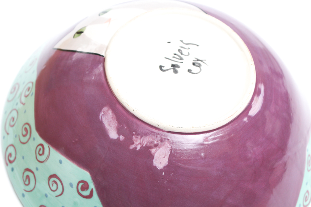 Solveig Cox Hand Thrown and Hand-Painted Bowl with Cat Decor