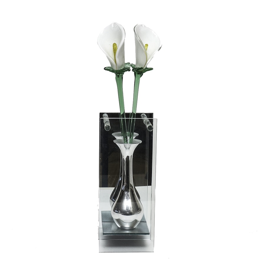 Pair of Blown Glass Calla Lilies  in Mirror, Glass and Metal Presentation