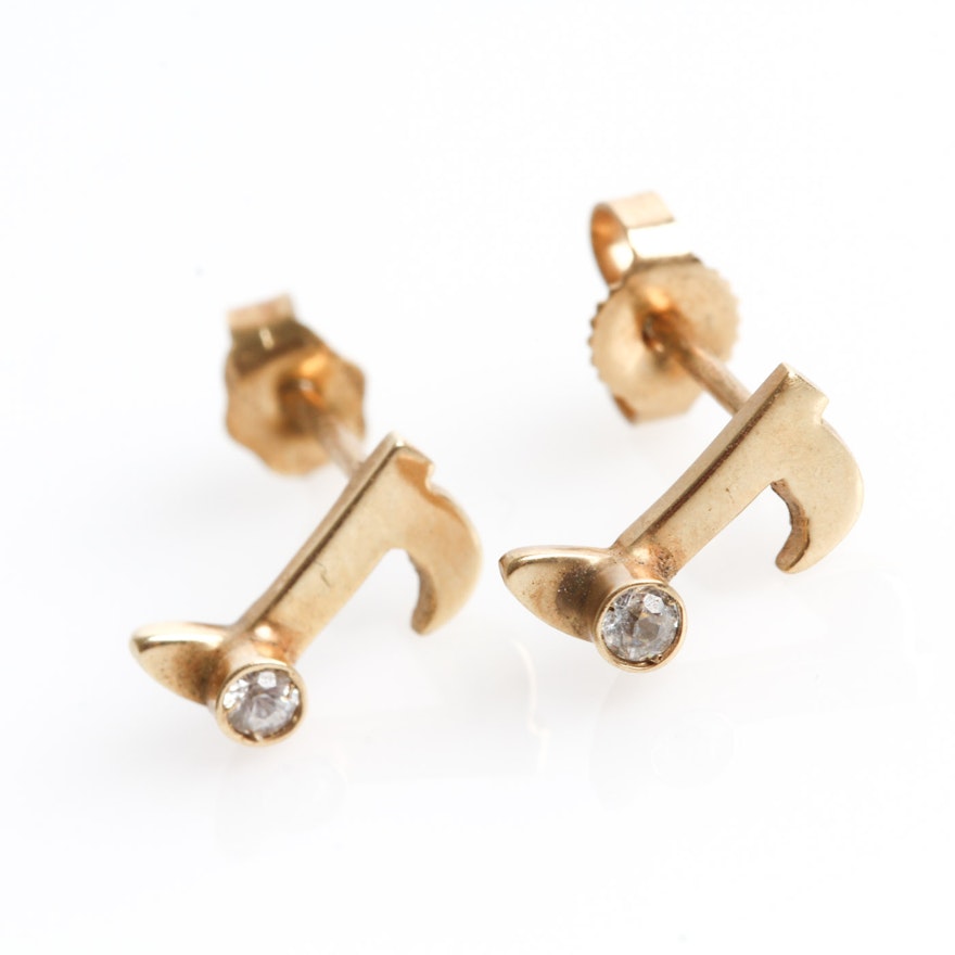 14K Yellow Gold and Cubic Zirconia Music Note Stud Earrings