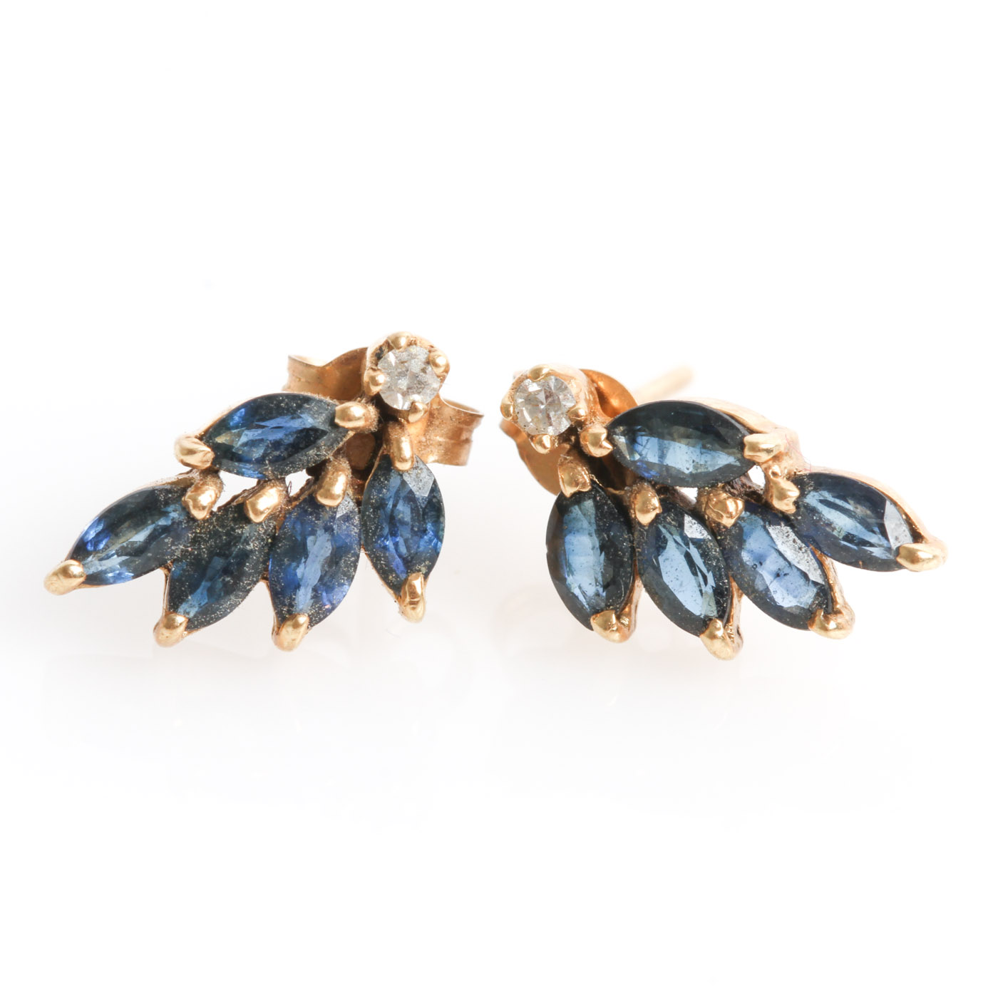 14K Yellow Gold, Sapphire, and Diamond Foliate Stud Earrings