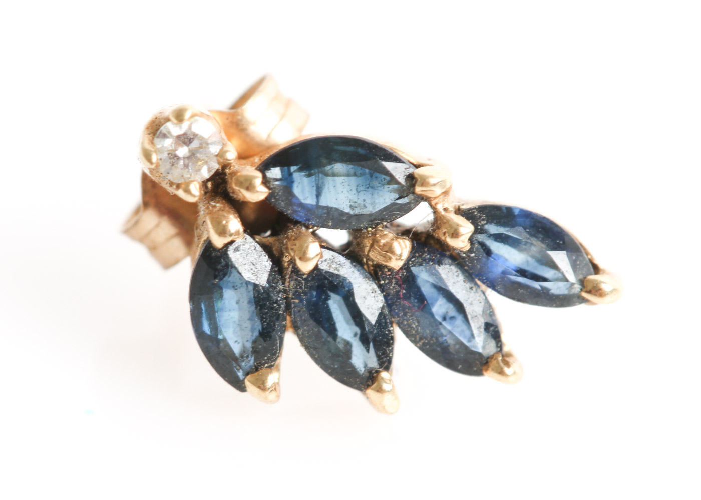14K Yellow Gold, Sapphire, and Diamond Foliate Stud Earrings