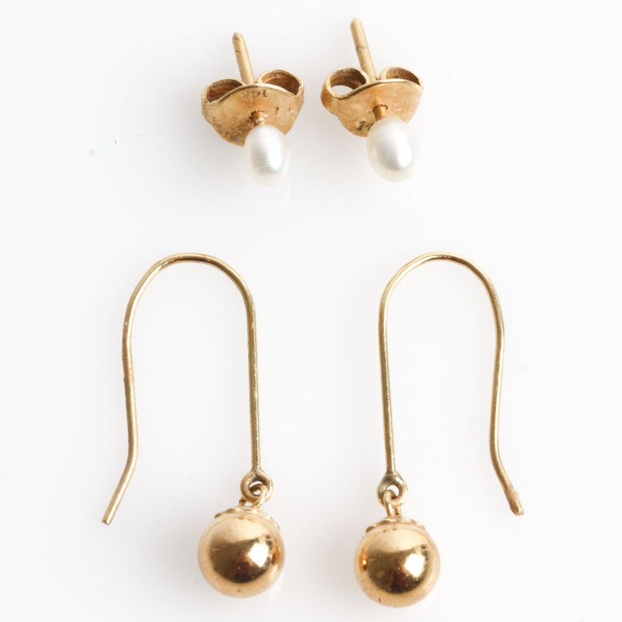 Two Pairs of 14K Yellow Gold Earrings