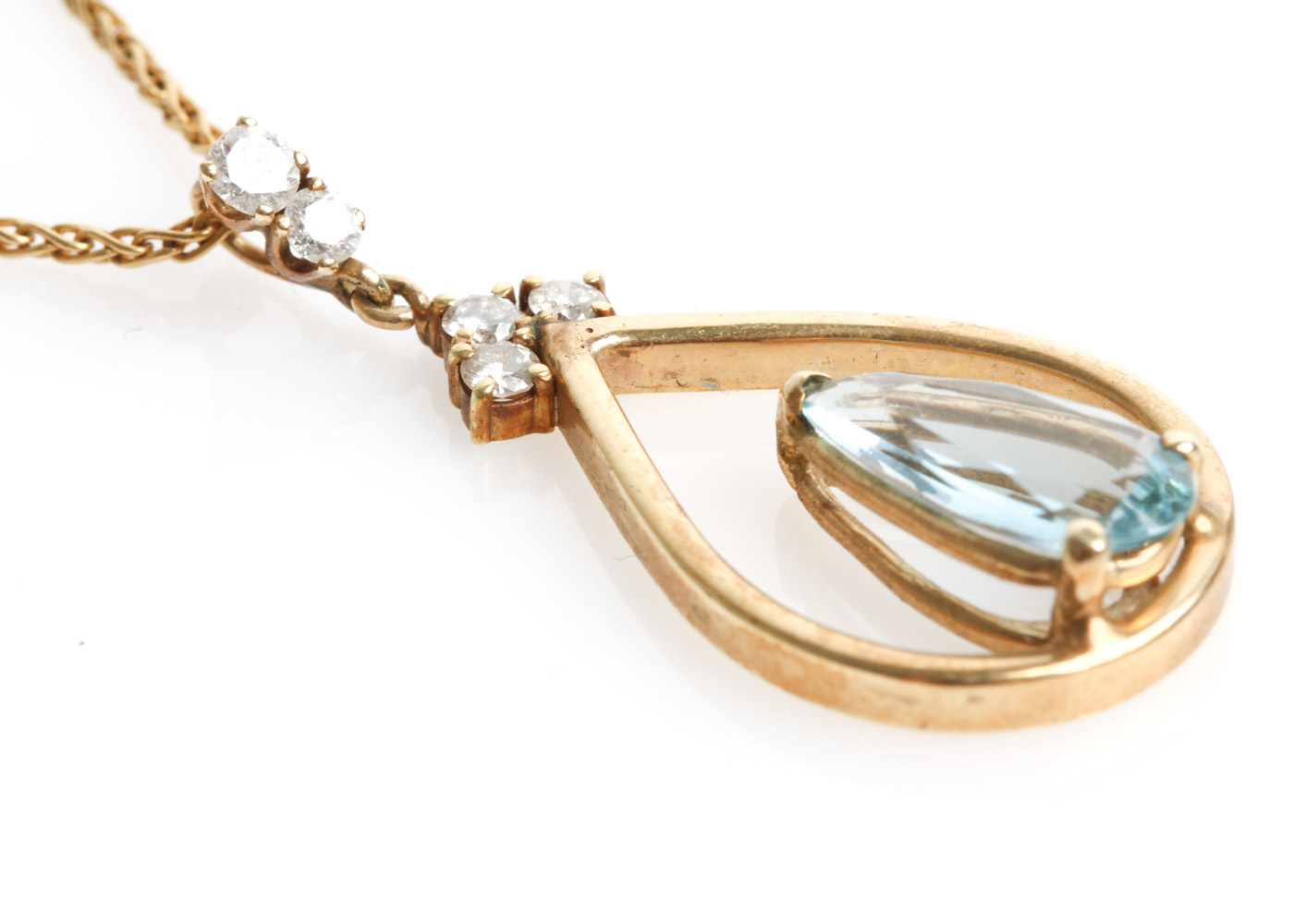 14K Yellow Gold, Aquamarine, and Diamond Open Teardrop Pendant Necklace