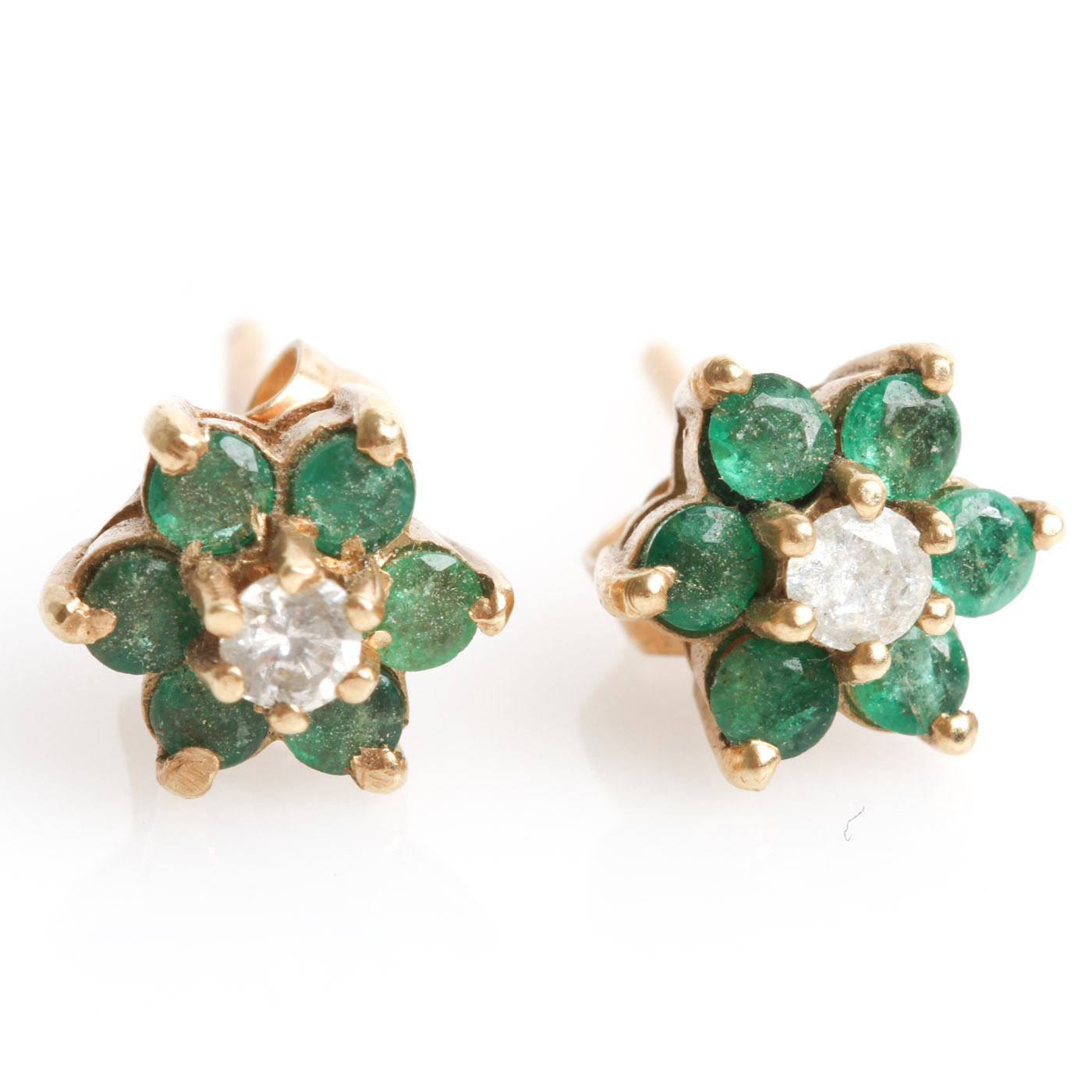 14K Yellow Gold, Emerald, and Diamond Flower Stud Earrings