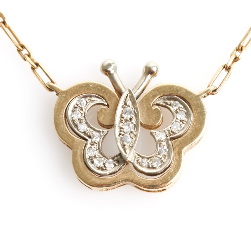 14K Two-Tone Gold and Diamond Butterfly Pendant Necklace