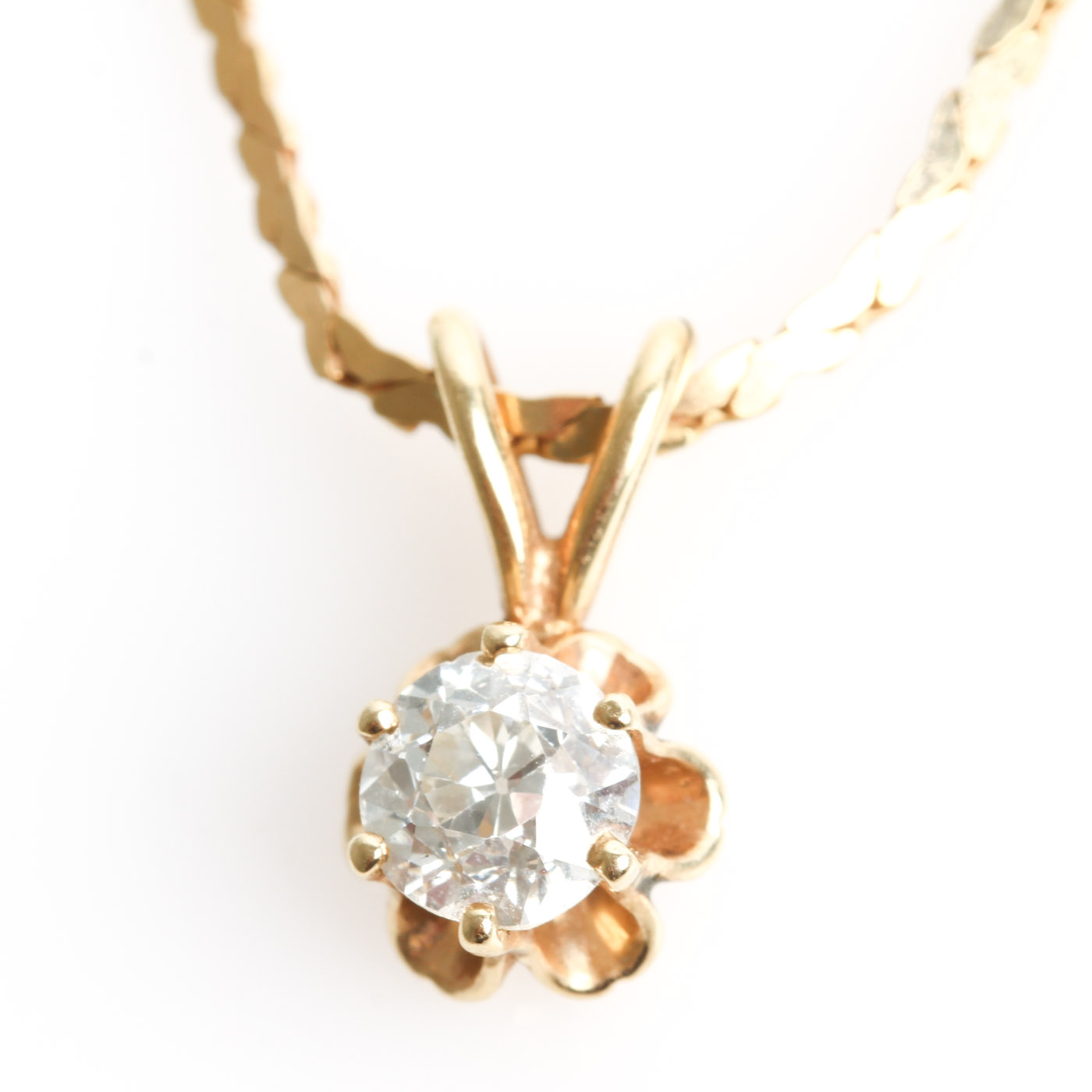 Vintage 14K Yellow Gold and Old Mine Cut Diamond Solitaire Pendant Necklace
