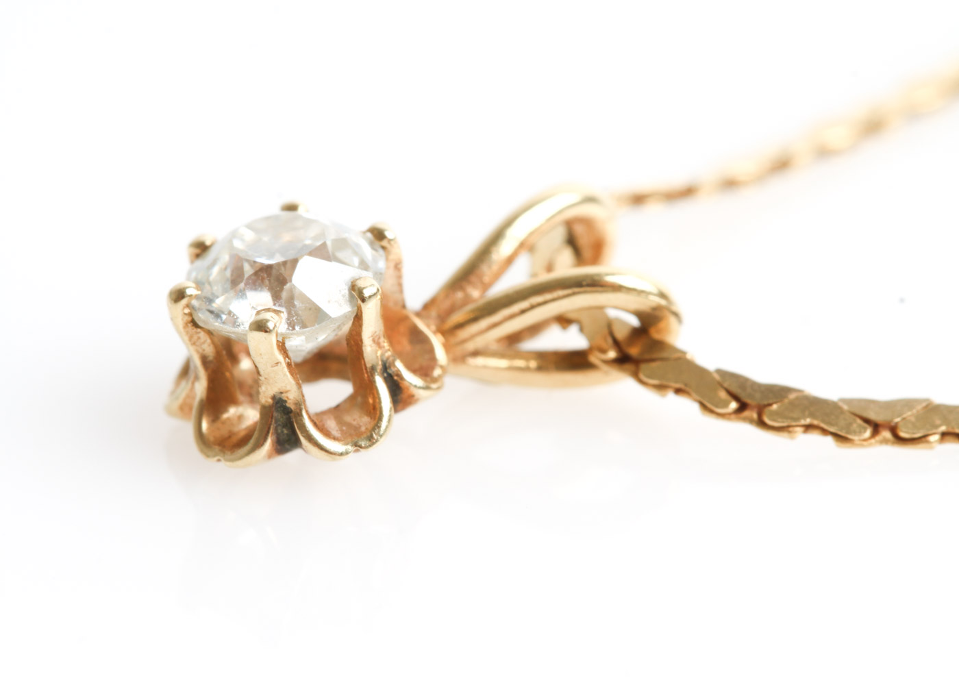 Vintage 14K Yellow Gold and Old Mine Cut Diamond Solitaire Pendant Necklace