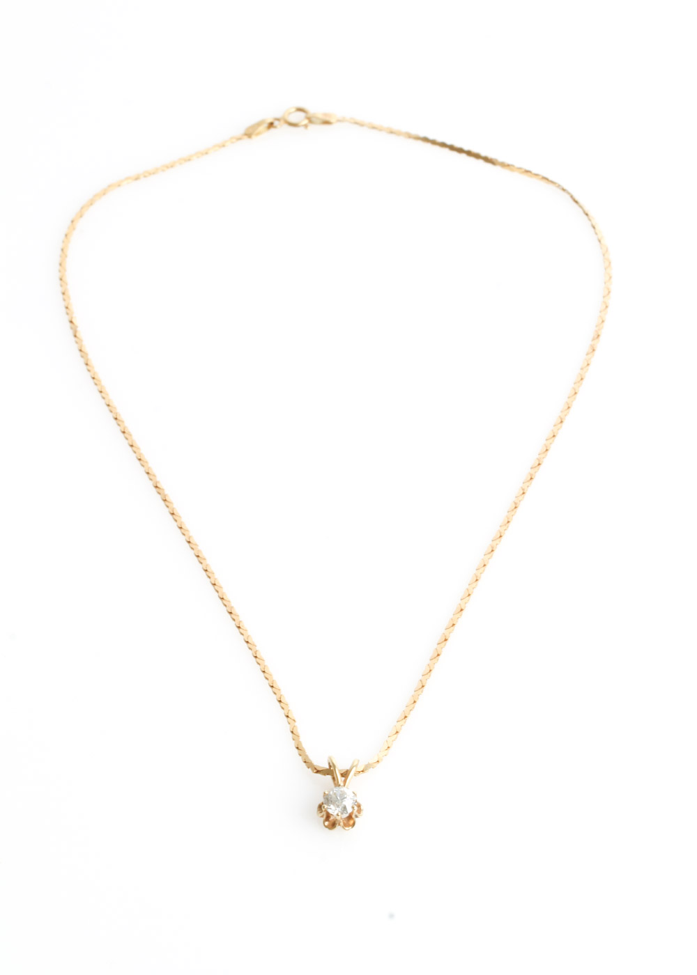 Vintage 14K Yellow Gold and Old Mine Cut Diamond Solitaire Pendant Necklace