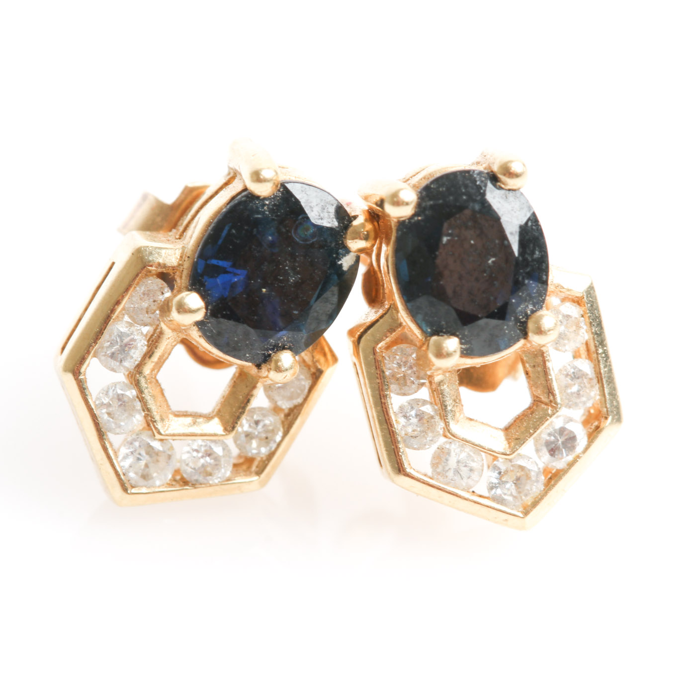 14K Yellow Gold, Sapphire, and Diamond Stud Earrings