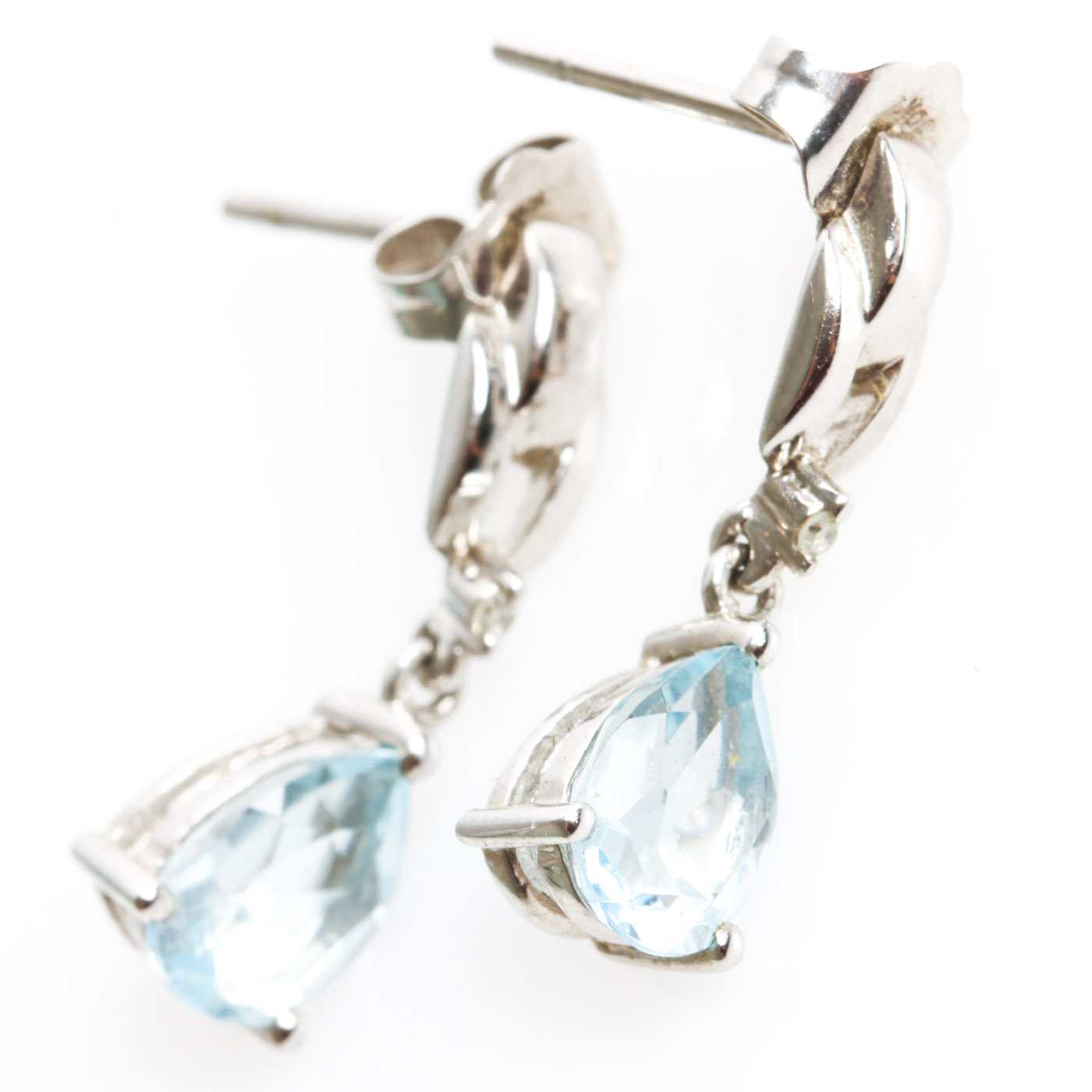 10K White Gold, Blue Topaz, and Diamond Dangle Earrings