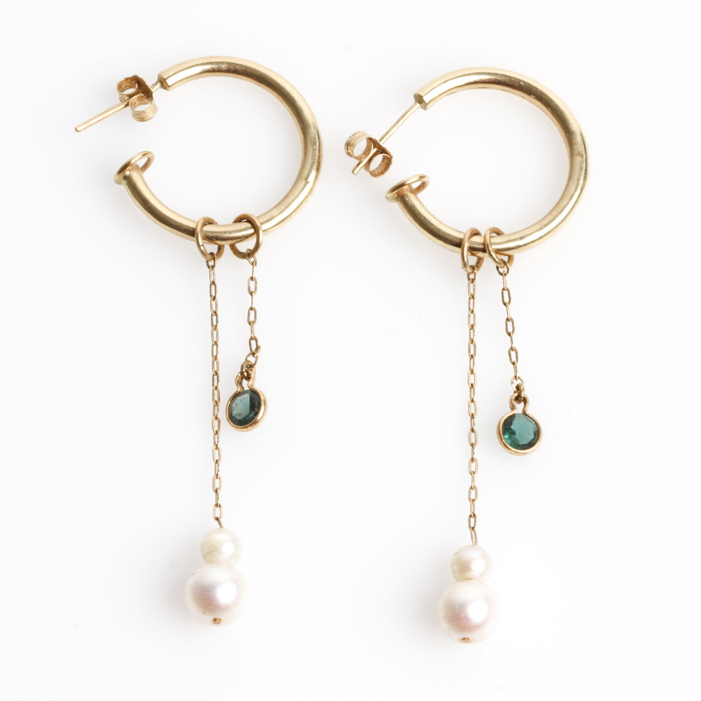 14K Yellow Gold, Tourmaline, and Cultured Pearl Drop Earrings