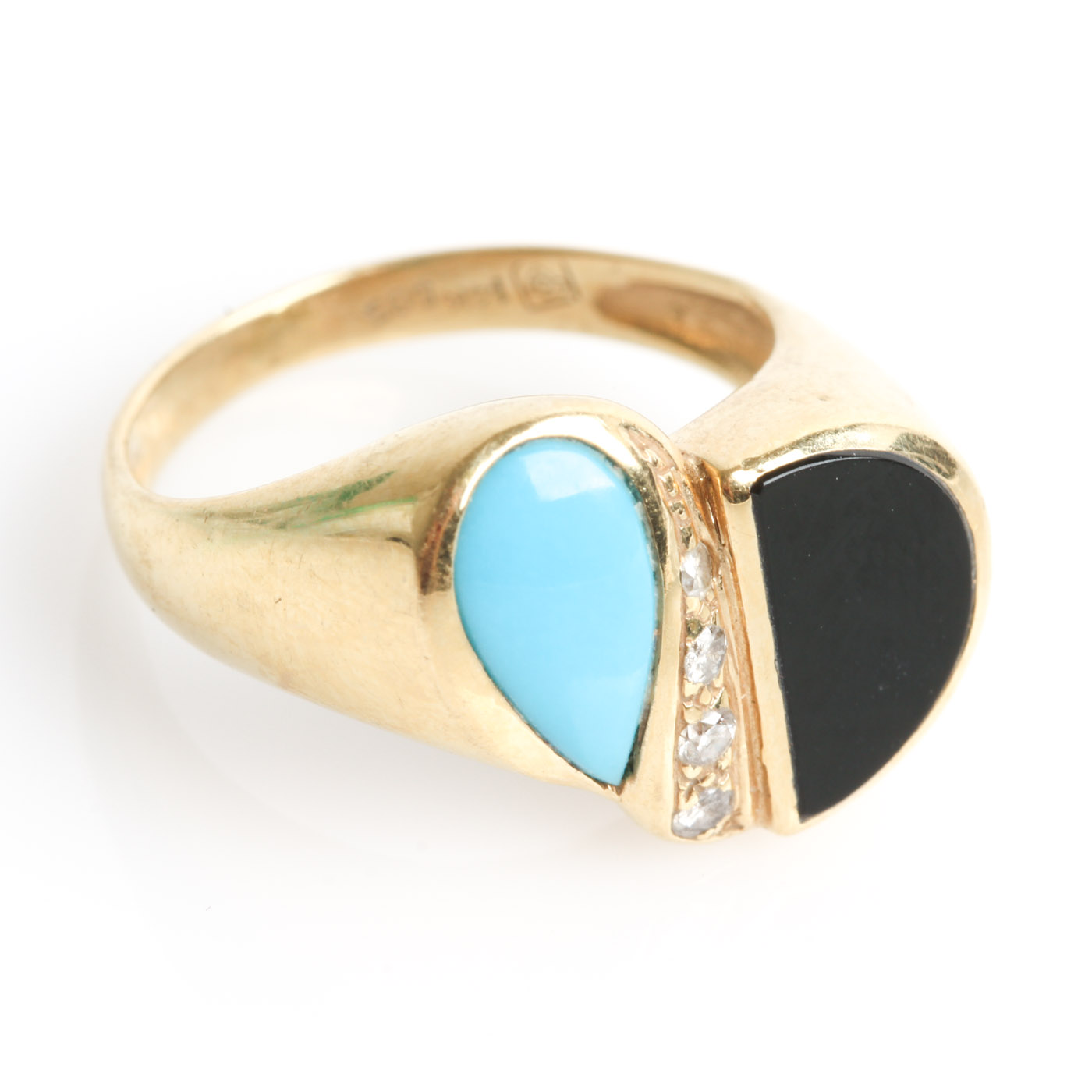 Vintage 14K Yellow Gold, Turquoise, Onyx, and Diamond Bypass Ring