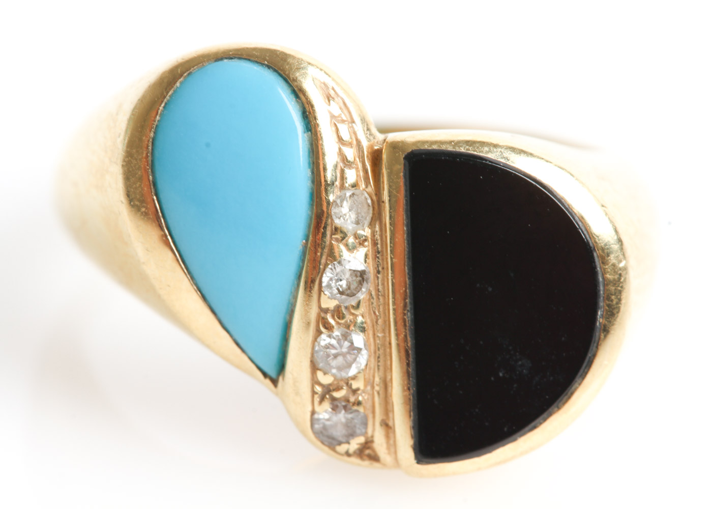 Vintage 14K Yellow Gold, Turquoise, Onyx, and Diamond Bypass Ring