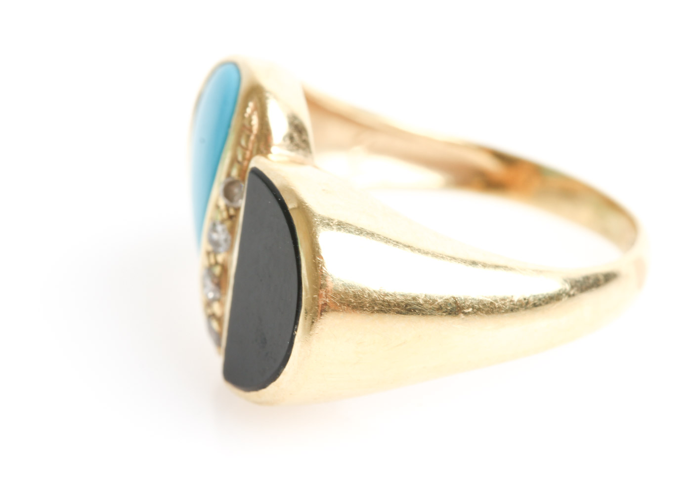 Vintage 14K Yellow Gold, Turquoise, Onyx, and Diamond Bypass Ring