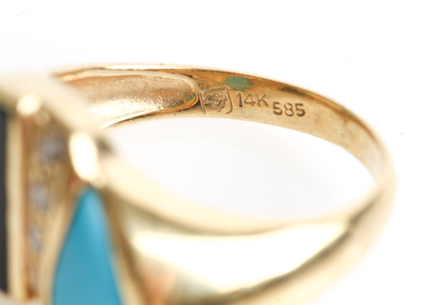 Vintage 14K Yellow Gold, Turquoise, Onyx, and Diamond Bypass Ring