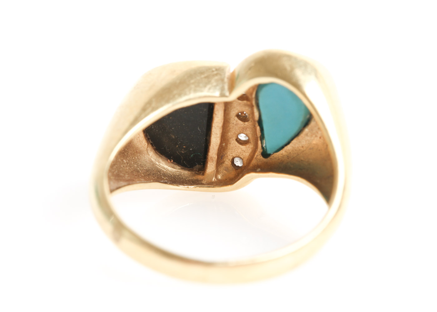 Vintage 14K Yellow Gold, Turquoise, Onyx, and Diamond Bypass Ring
