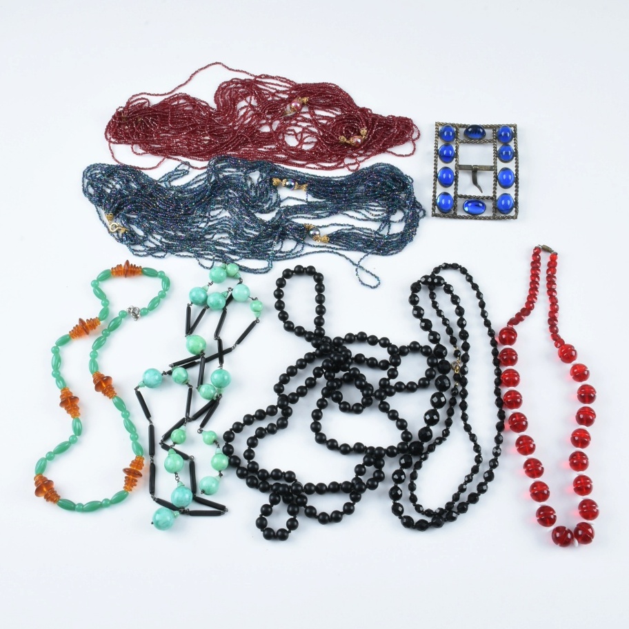 Seven Vintage Beaded Necklaces and Belt Buckle