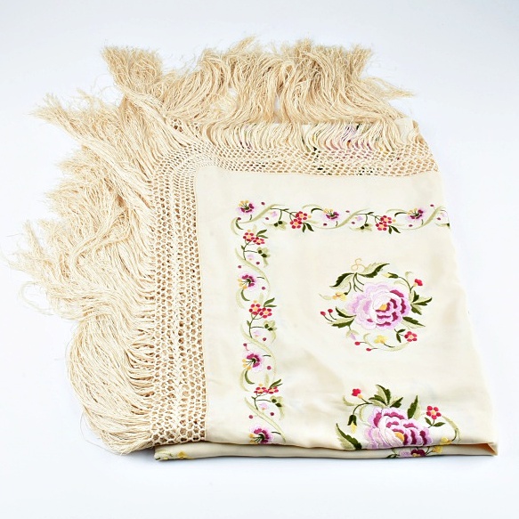 Ivory and Pink Embroidered Piano Shawl
