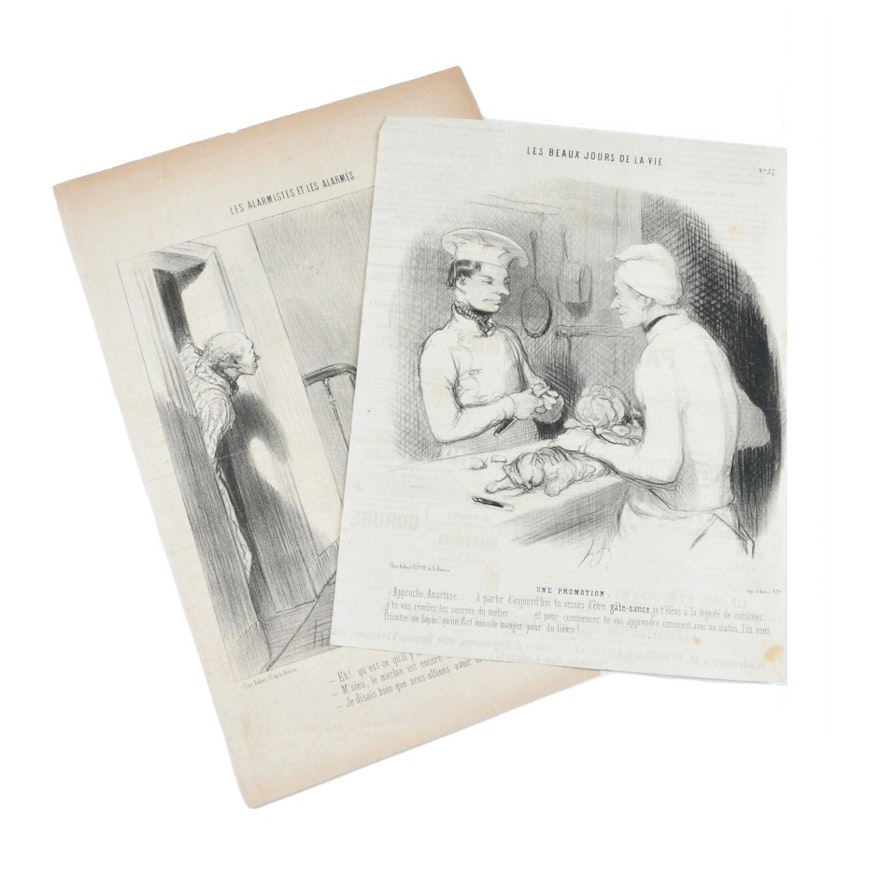 Two Lithograph Newspaper Prints after Honoré Daumier "Une Promotion" and "Les Alarmistes et Les Alarmés"