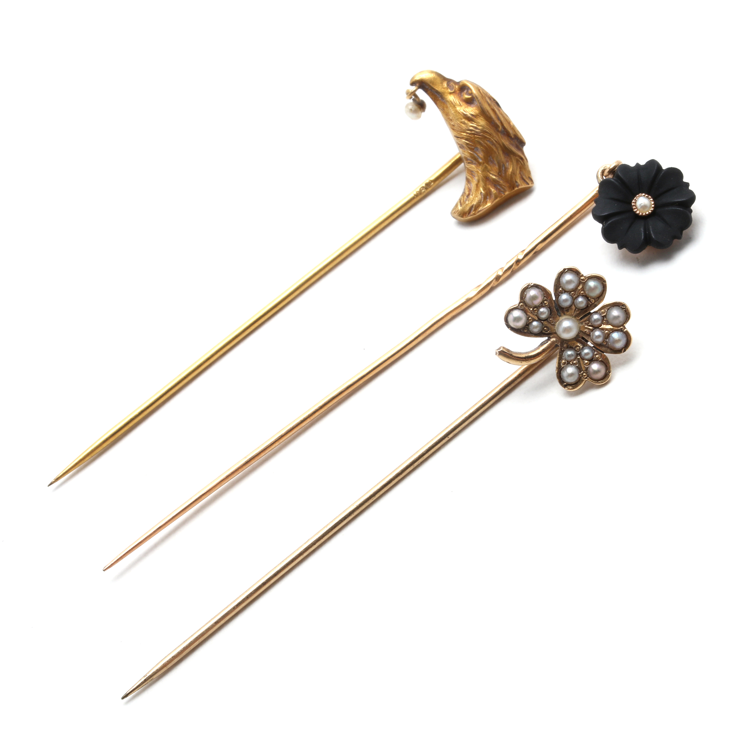 Three Antique Gold Filled Stick Pins Embellished with Seed Pearls