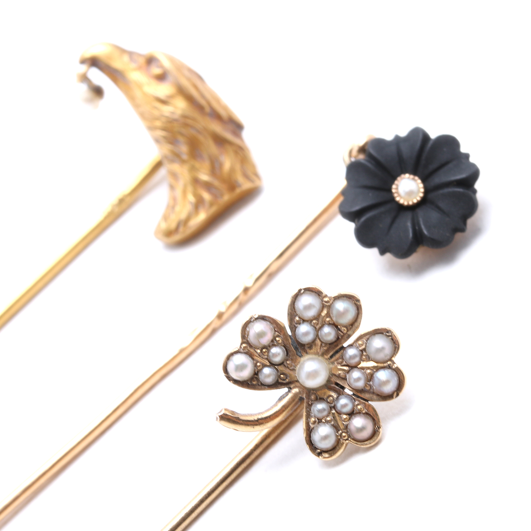 Three Antique Gold Filled Stick Pins Embellished with Seed Pearls