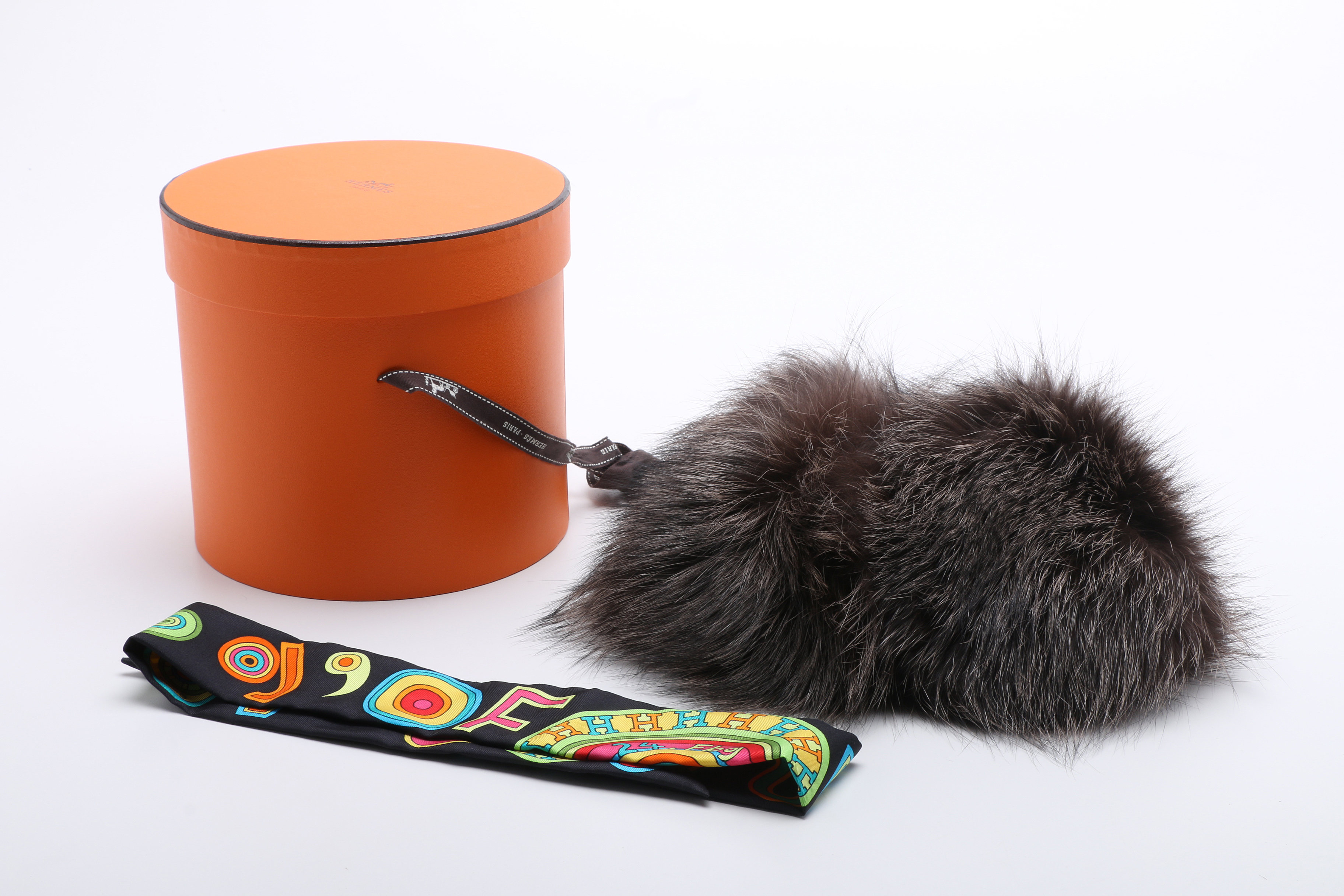 Hermès Fox Fur Collar and "Tohu Bohu" Twilly 24 Faubourg Scarf