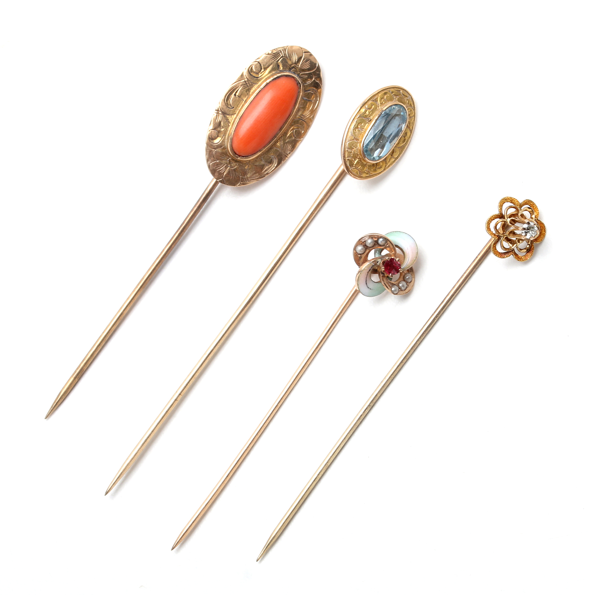 Four Antique 10K Yellow Gold Stick Pins with Stones and Diamonds