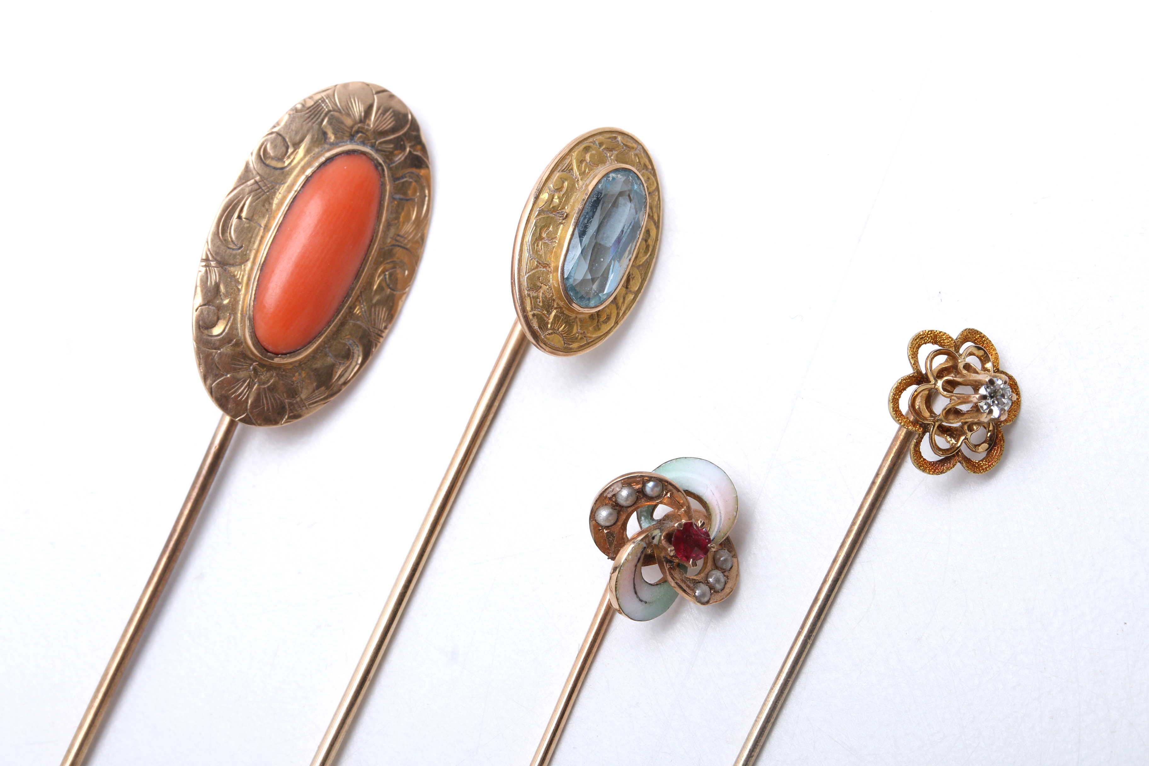 Four Antique 10K Yellow Gold Stick Pins with Stones and Diamonds