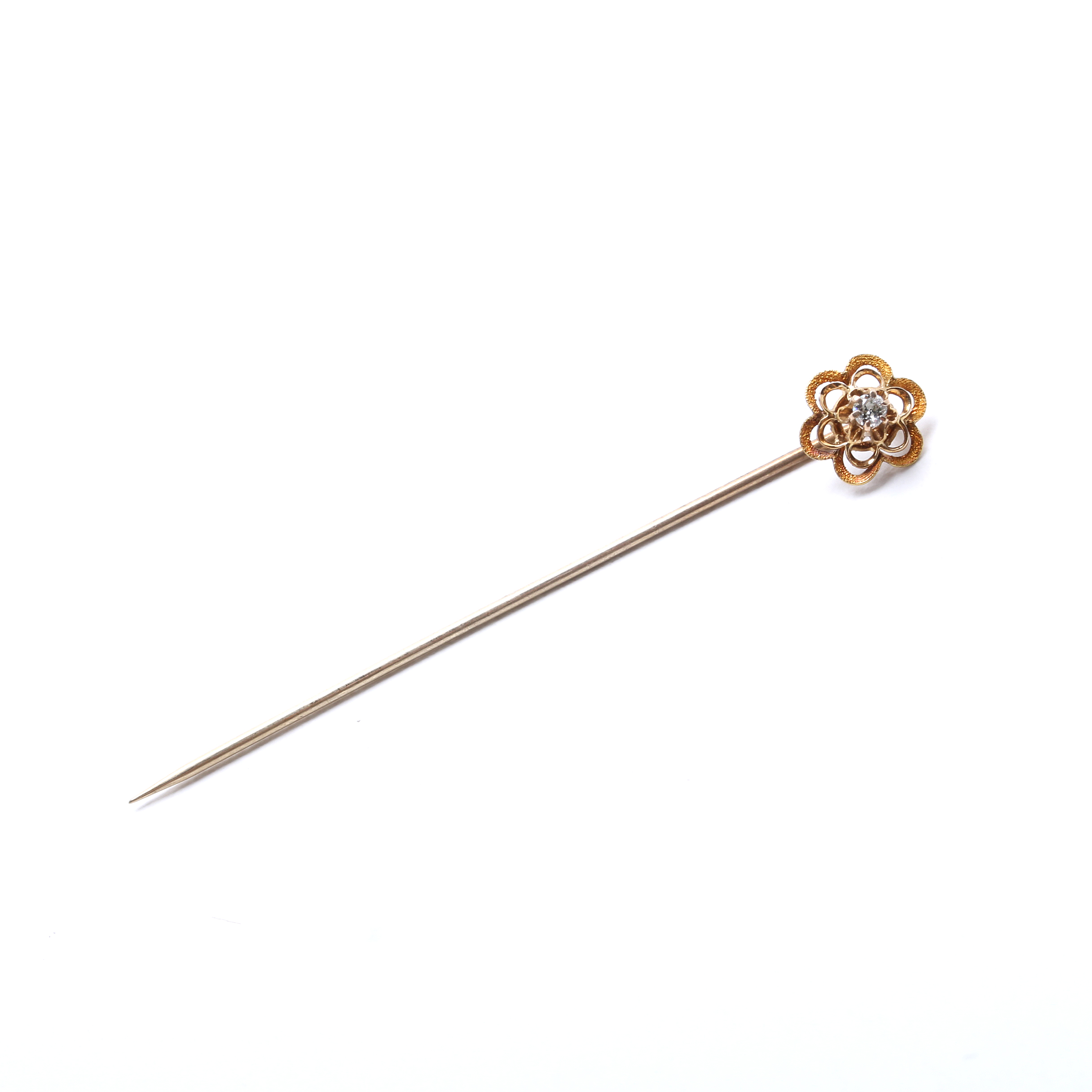 Four Antique 10K Yellow Gold Stick Pins with Stones and Diamonds