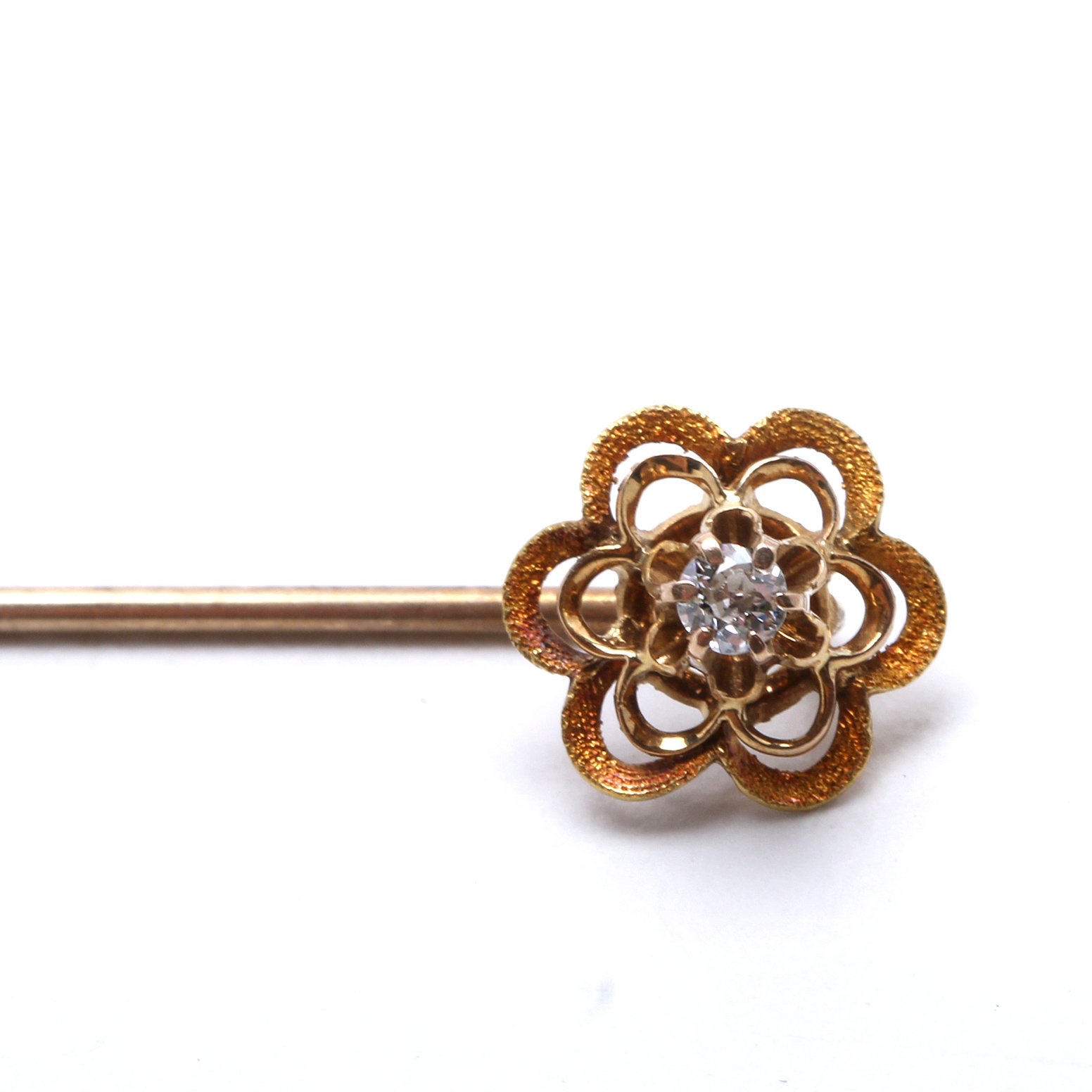 Four Antique 10K Yellow Gold Stick Pins with Stones and Diamonds