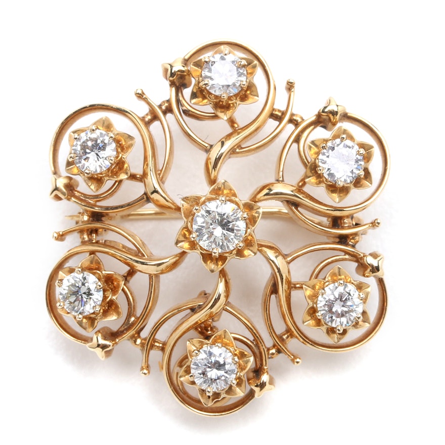 Victorian Revival 14K Yellow Gold and 1.32 CTW Seven Diamond Brooch
