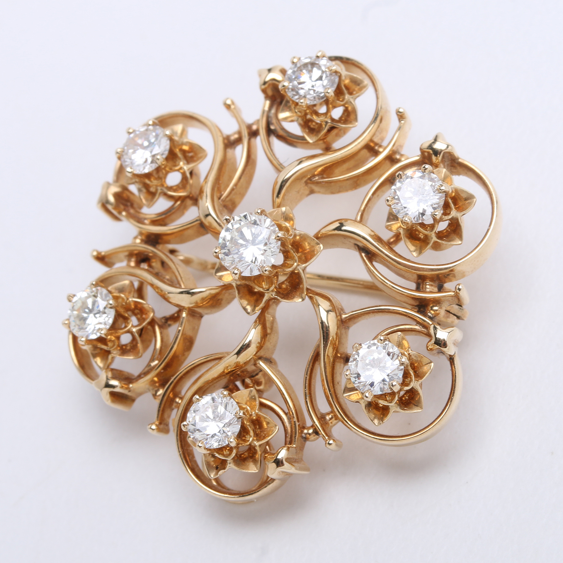 Victorian Revival 14K Yellow Gold and 1.32 CTW Seven Diamond Brooch