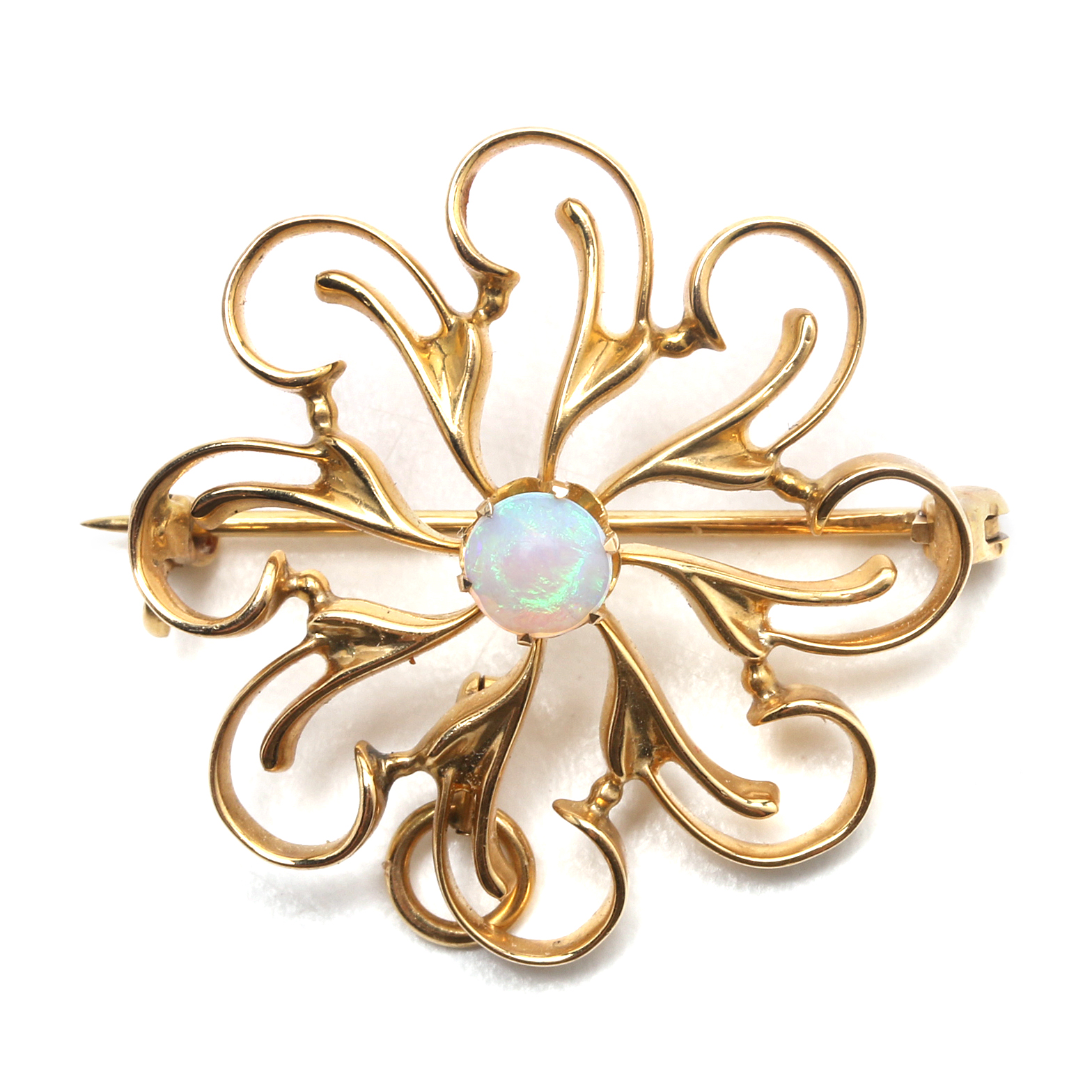 Victorian Revival 14K Yellow Gold and Opal Pinwheel Brooch