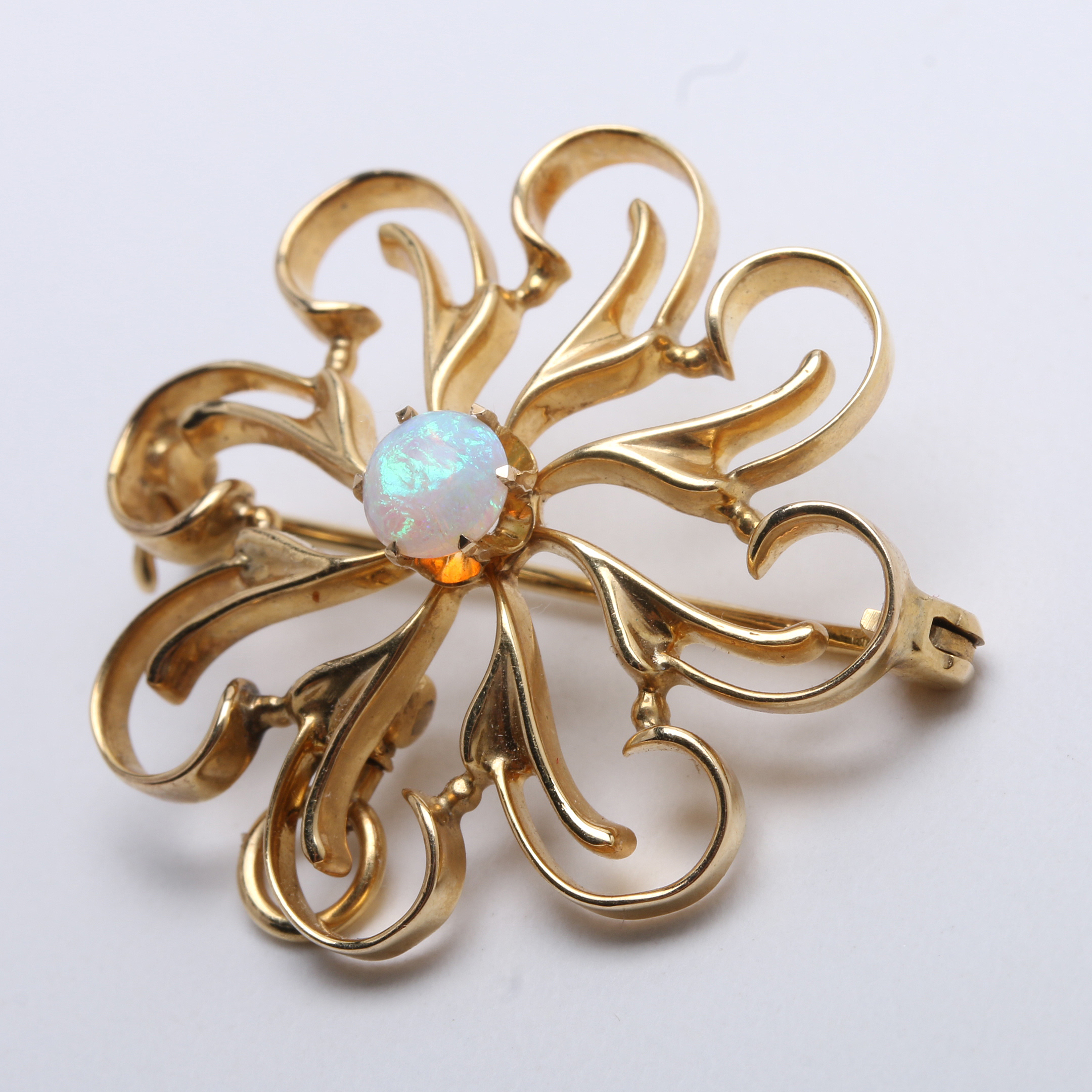 Victorian Revival 14K Yellow Gold and Opal Pinwheel Brooch