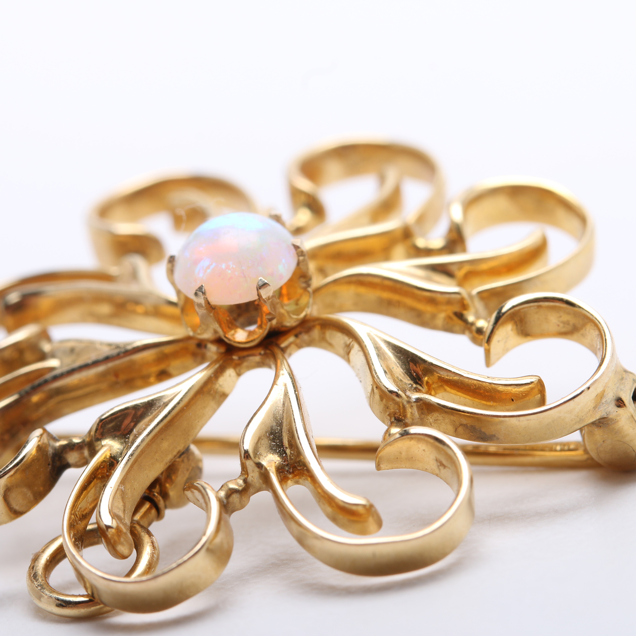 Victorian Revival 14K Yellow Gold and Opal Pinwheel Brooch