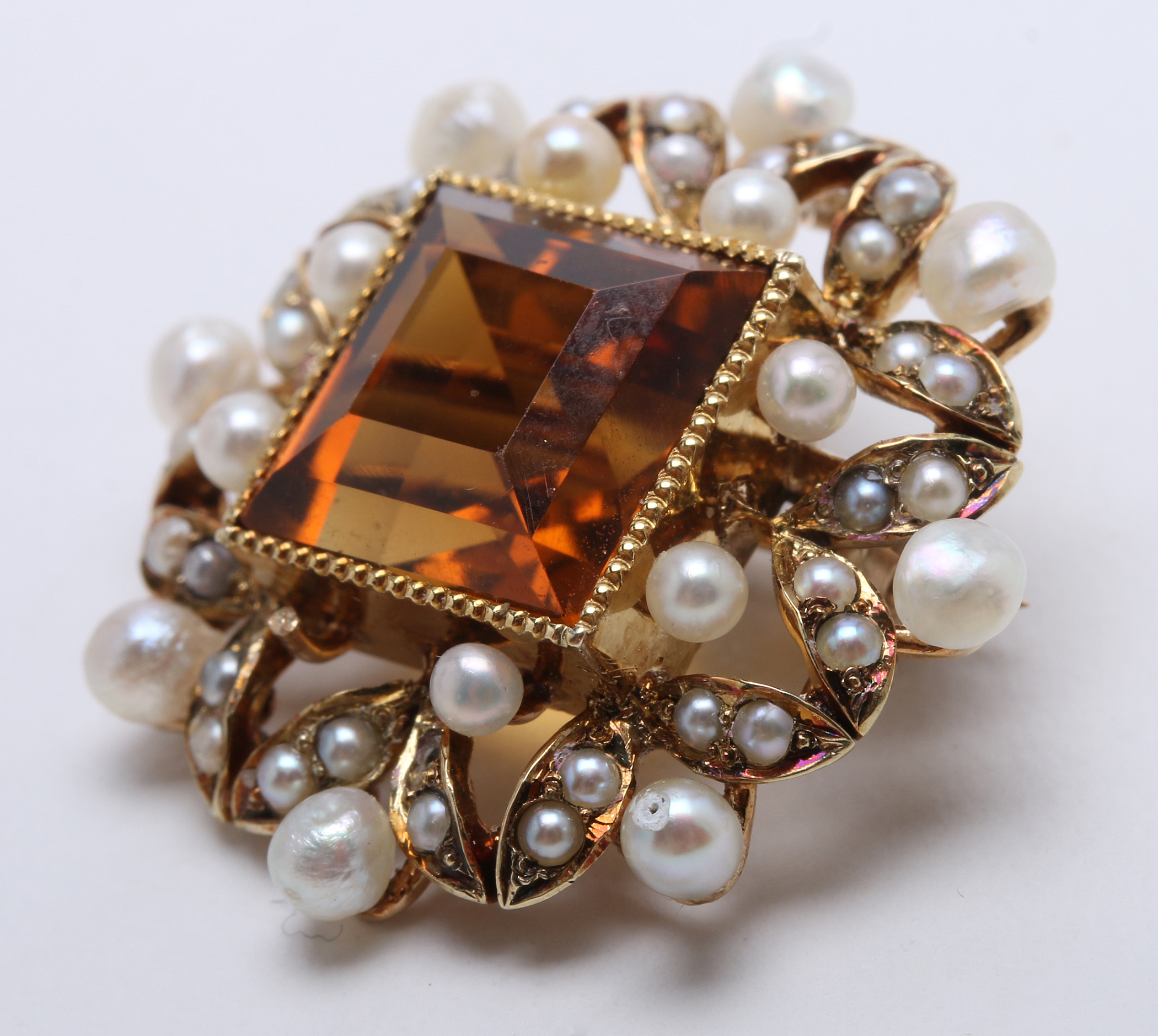 Vintage 14K Yellow Gold Brooch with Citrine and Seed Pearls