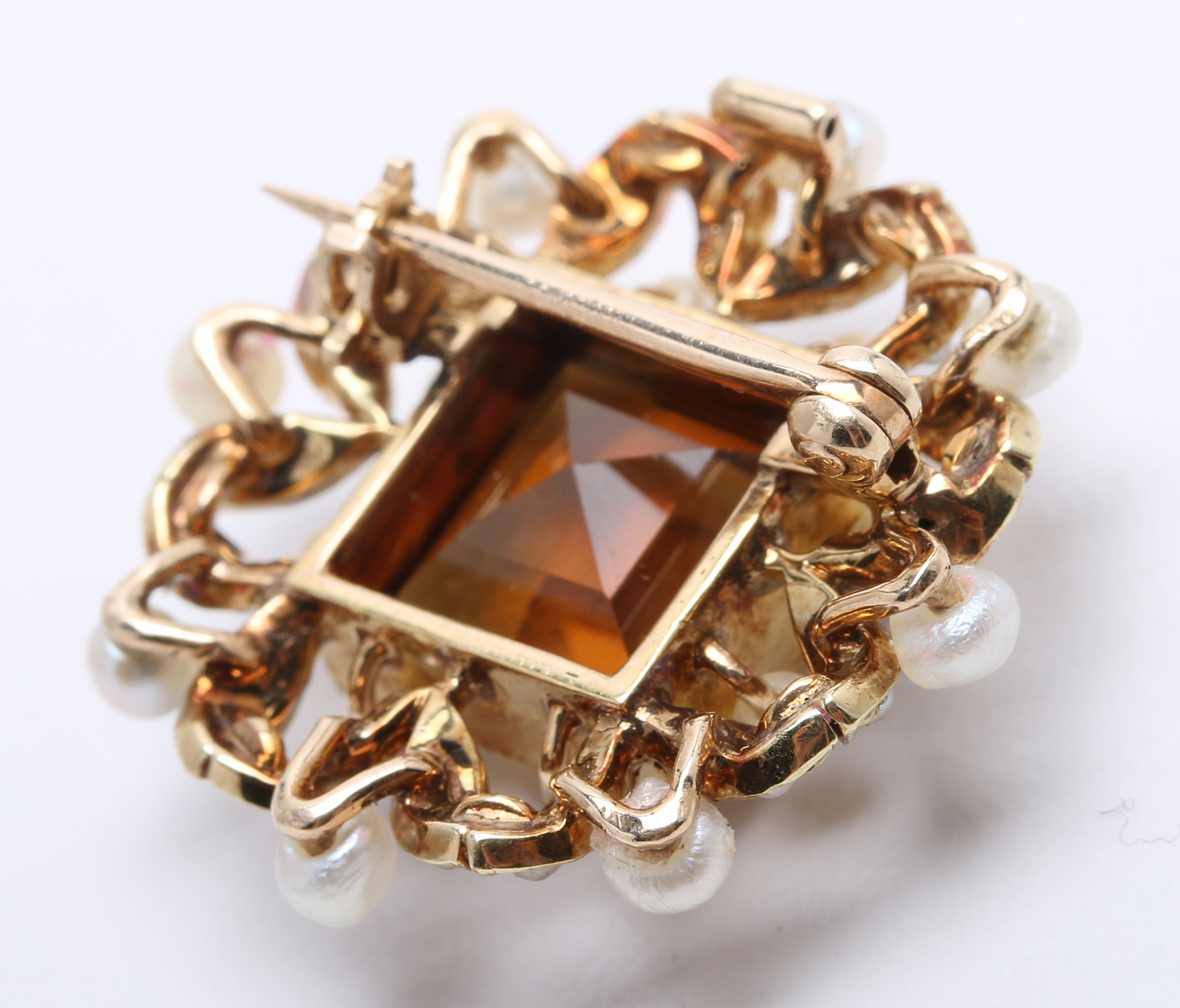 Vintage 14K Yellow Gold Brooch with Citrine and Seed Pearls