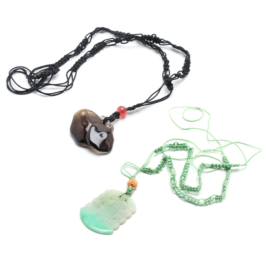 Two Carved Pendants on Knotted Silk Cords, Smoky Quartz & Jadeite