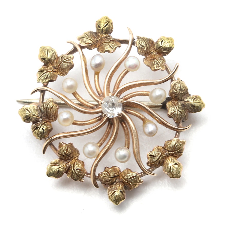 Victorian 14K Yellow Gold Wreath Pin with Seed Pearls and Diamond
