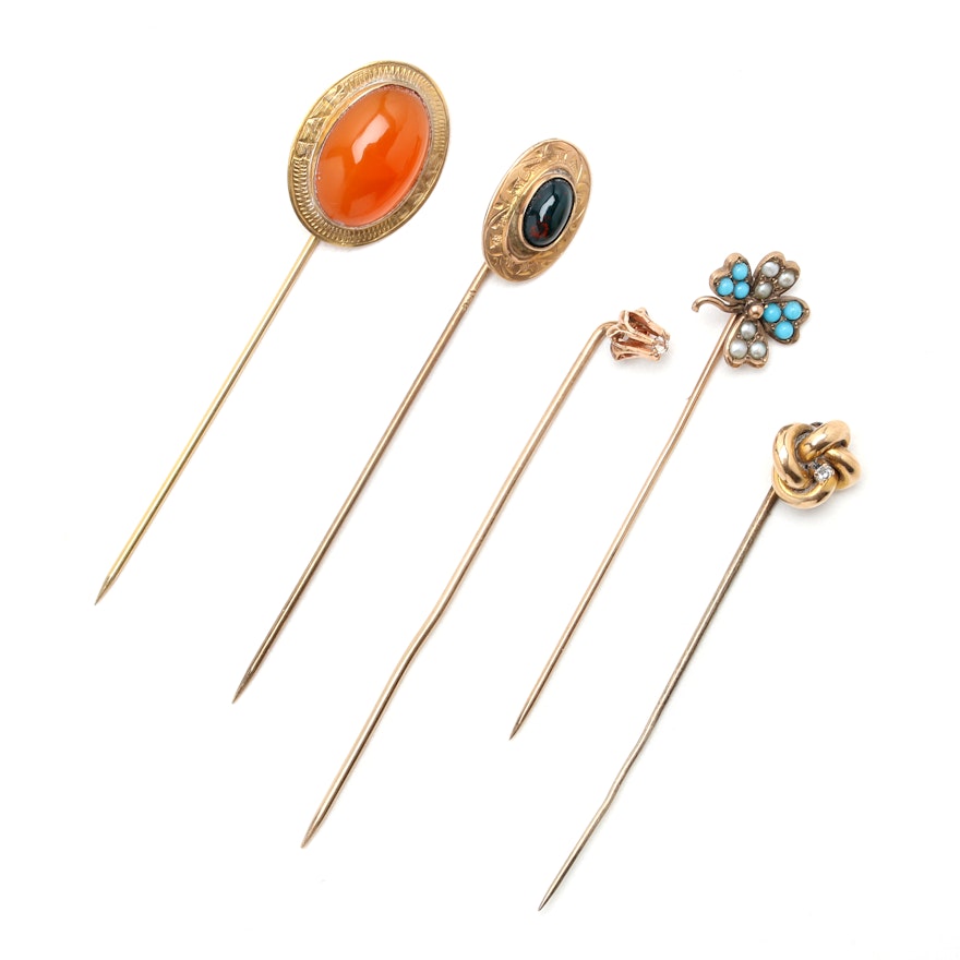 Collection of Five Antique 10K Yellow Gold Stick Pins