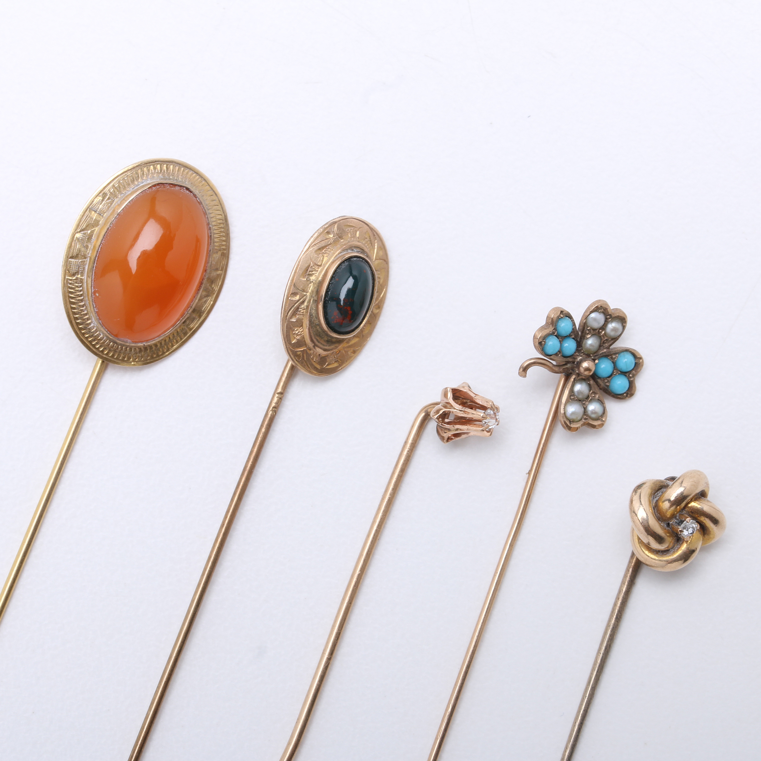 Collection of Five Antique 10K Yellow Gold Stick Pins