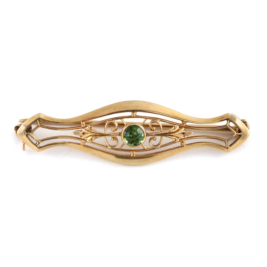 Vintage 14K Yellow Gold Filigree Pin with Green Tourmaline Stone