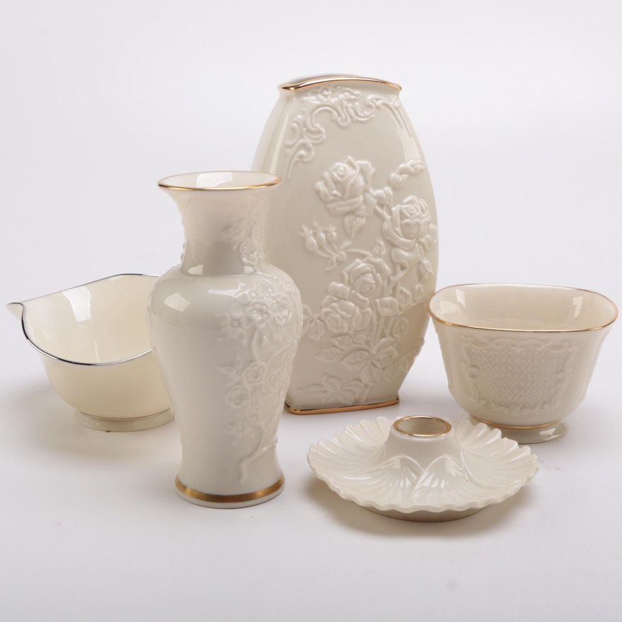Assortment of Lenox Porcelain Vases and Decor With Gilt Rims
