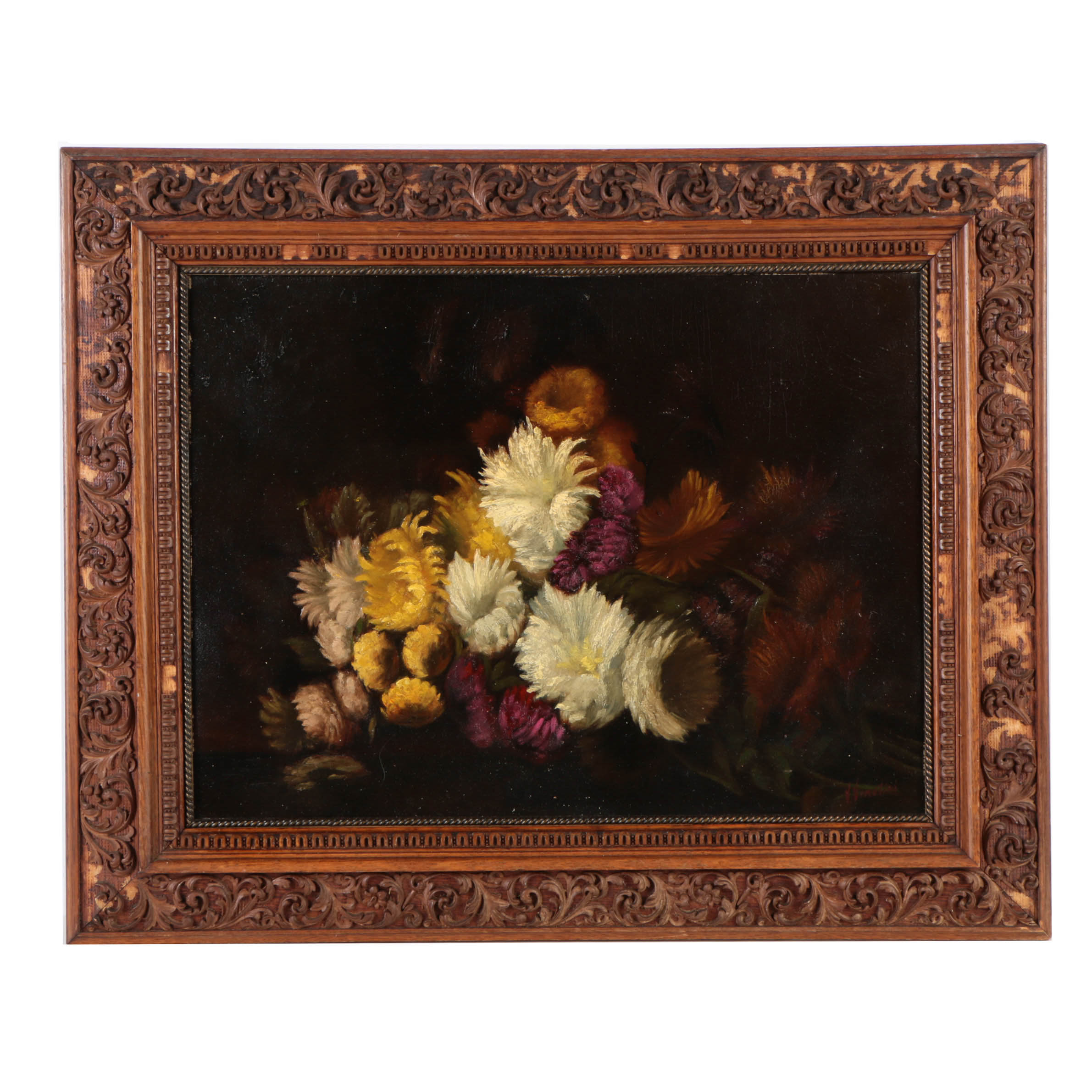 V. Vinetini Still Life Oil Painting on Paperboard of Chrysanthemums