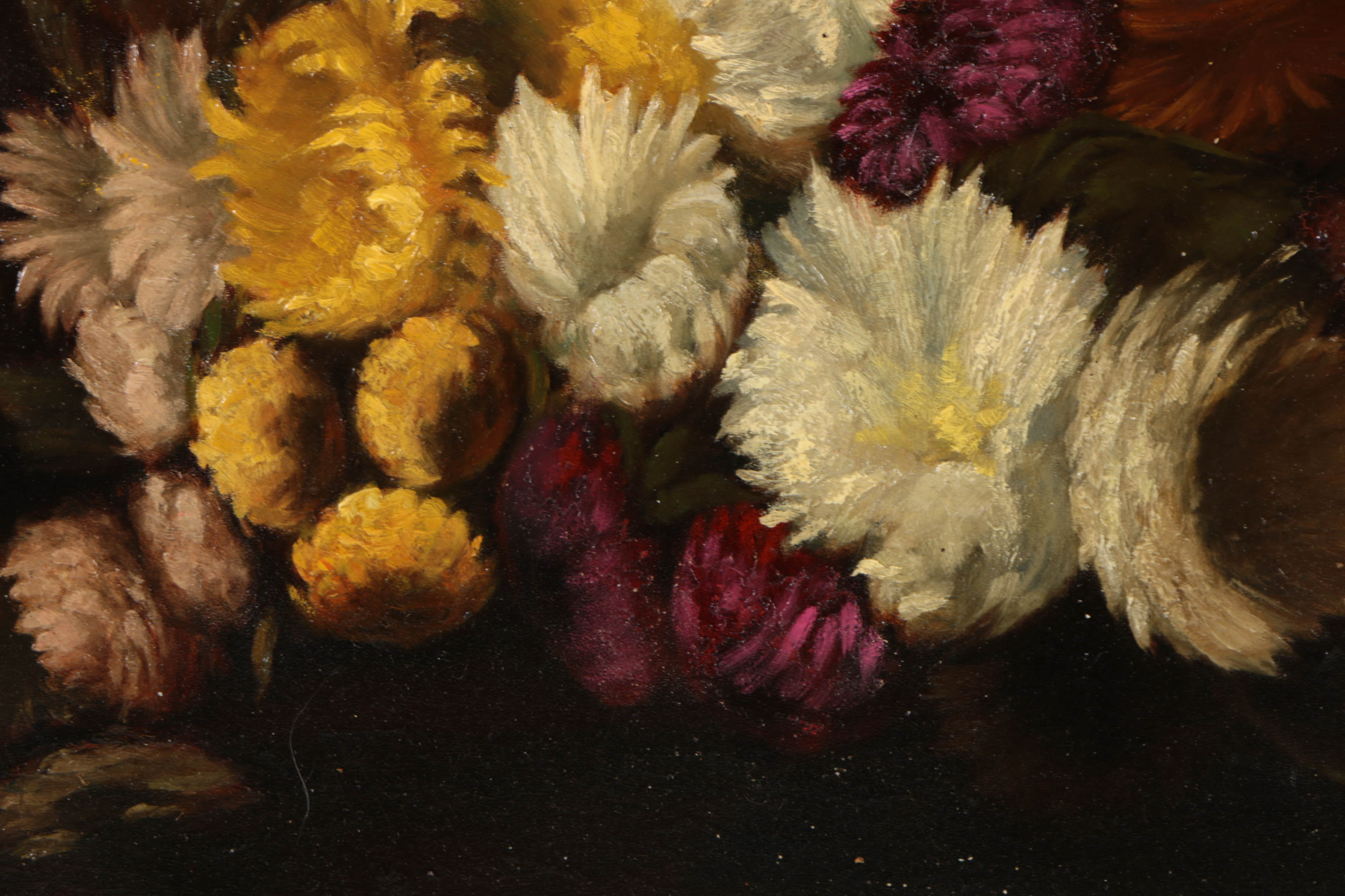 V. Vinetini Still Life Oil Painting on Paperboard of Chrysanthemums