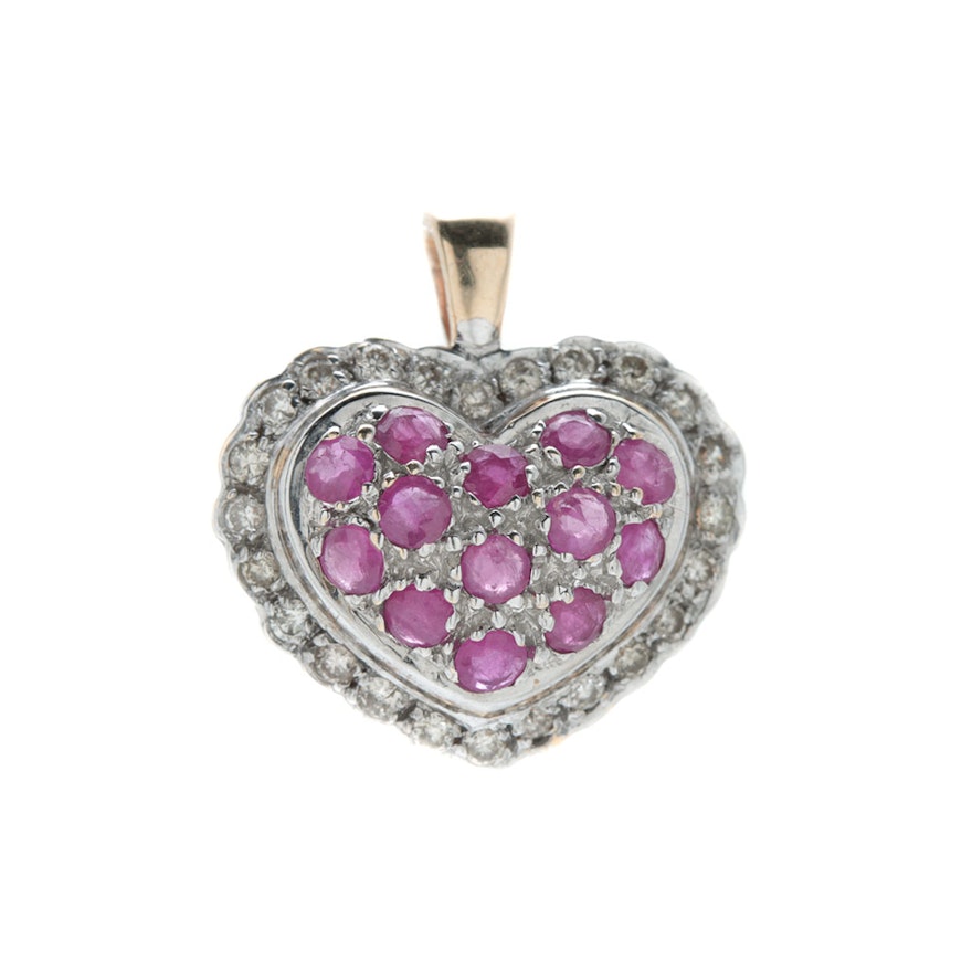 14K Two Tone Gold Ruby and Diamond Heart Pendant