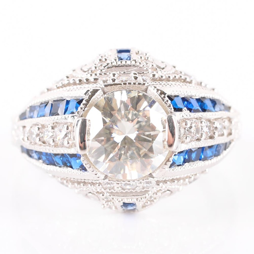 Sterling Silver Moissanite Ring with Simulated Blue Stones and Cubic Zirconia