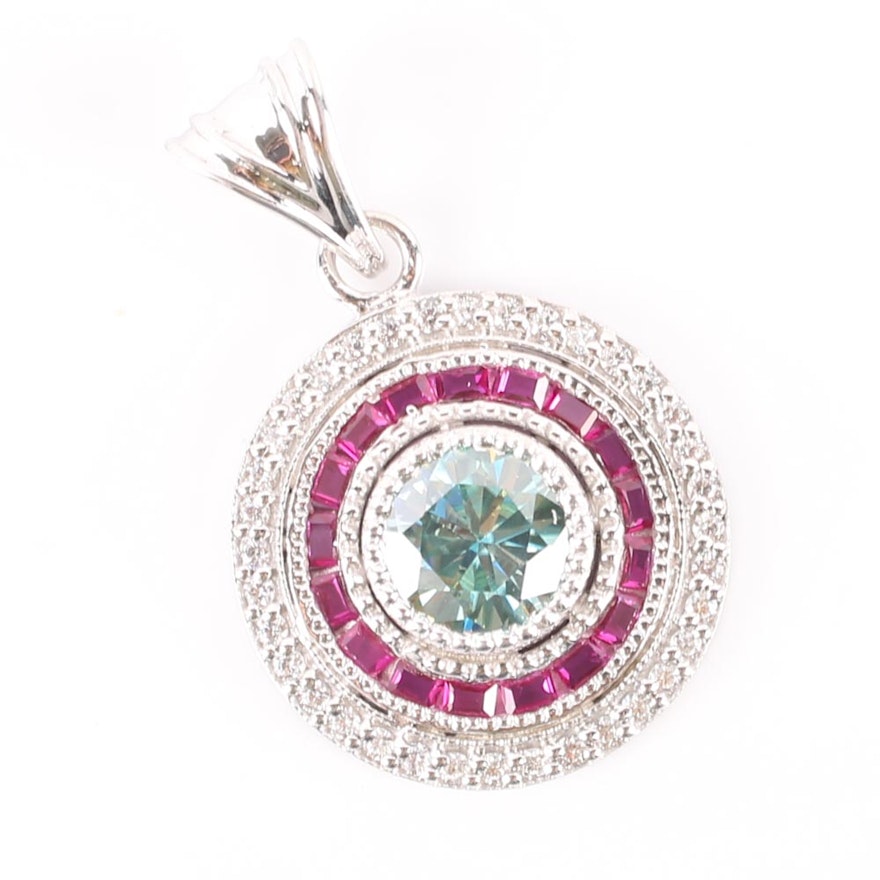 Sterling Silver Blue Moissanite, Red Simulated Stone and Cubic Zirconia Pendant