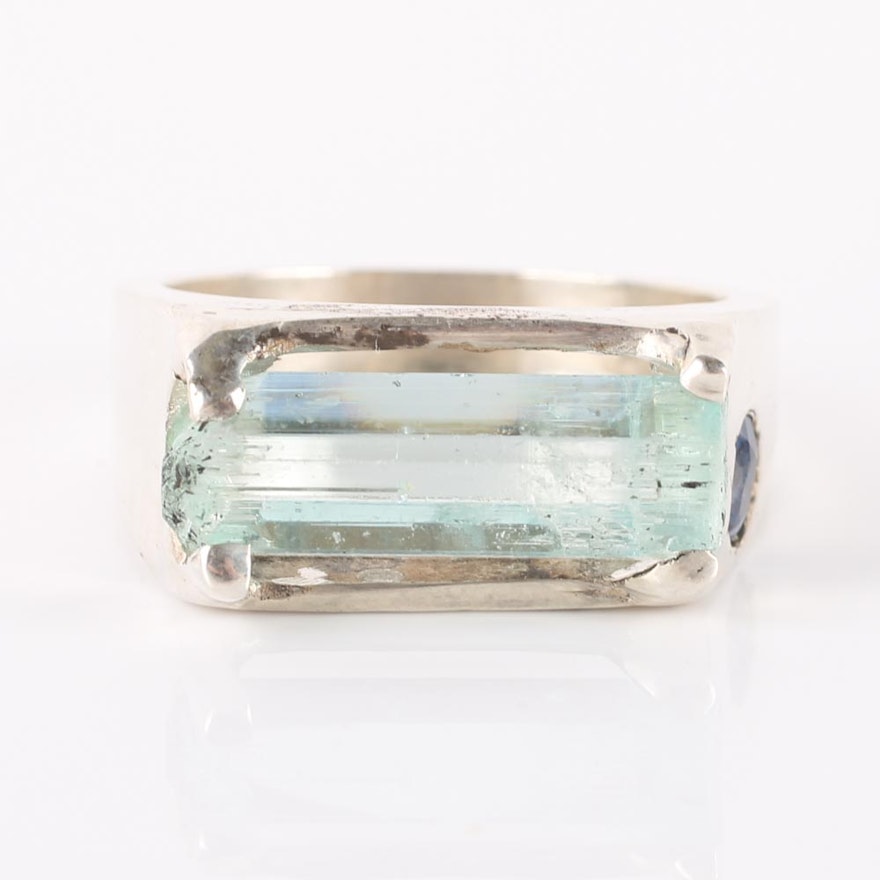 Sterling Silver Aquamarine Crystal and Sapphire Ring